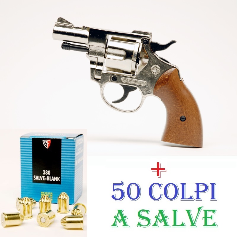 Scacciacani bruni olympic 380 nickel - pistola a salve top firing in calibro 380 mm - arma da segnalazione acustica e da collezione con pacco di 50 colpi a salve - replica del revolver colt cobra da 2 pollici cromato marca bruni guns.